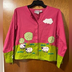 Michael Simon Women’s Pink Cardigan Sweater Sheep Appliqué Size L Cotton